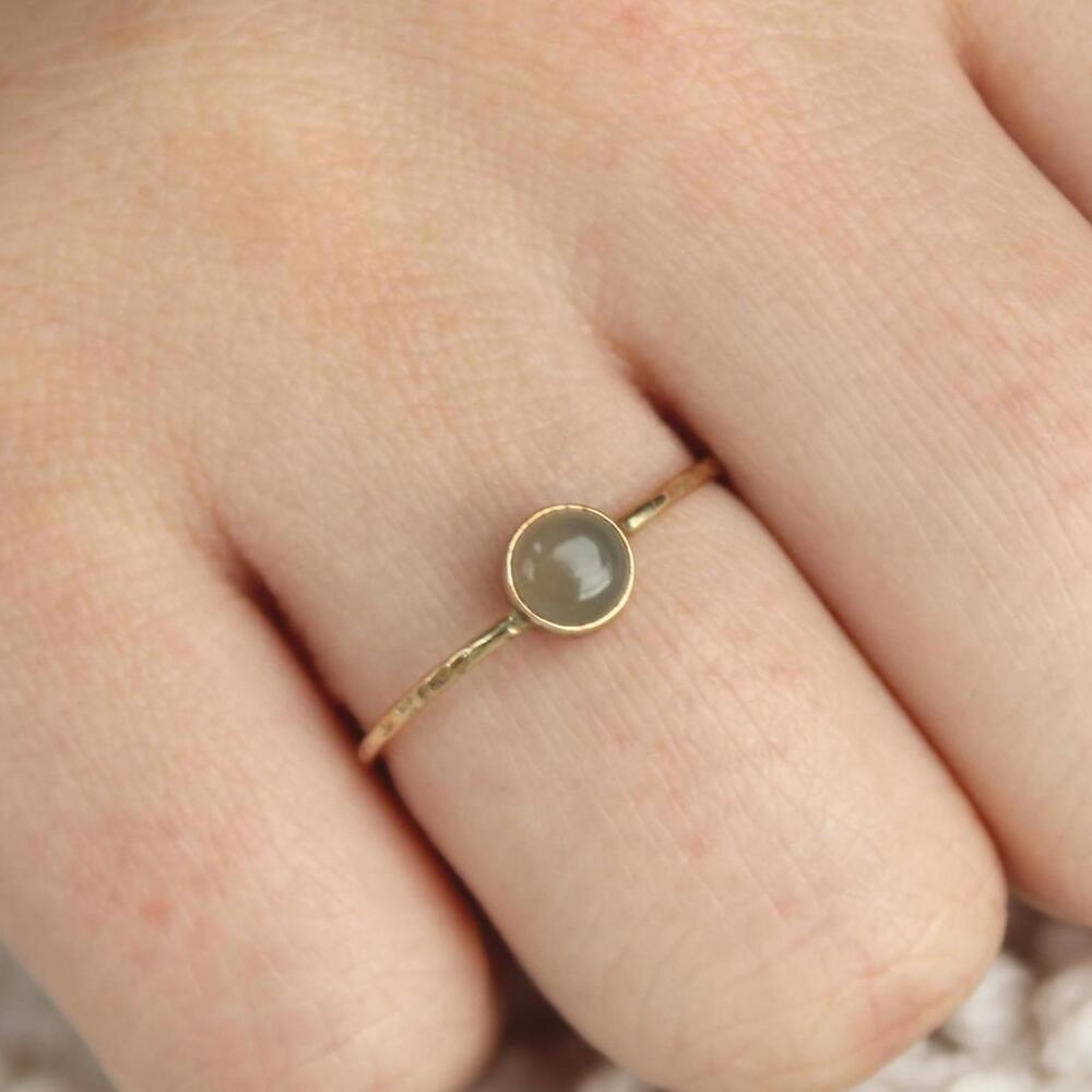14kt Yellow Gold Gray Moonstone Bezel Set Dainty Stacker Ring